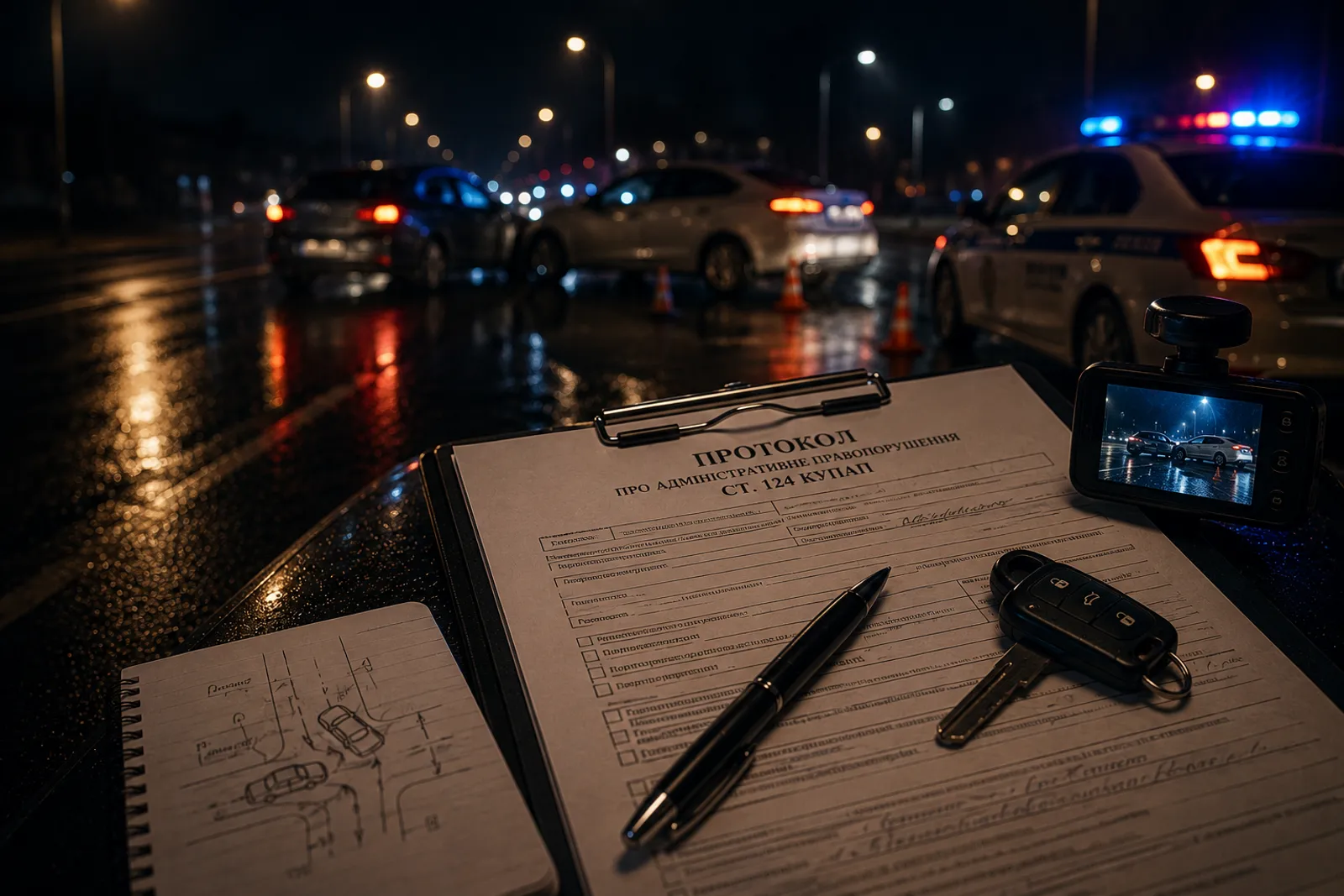 Нічне ДТП: протокол за ст. 124 КУпАП, схема пригоди в блокноті, ключі від авто та реєстратор на тлі патрульного авто