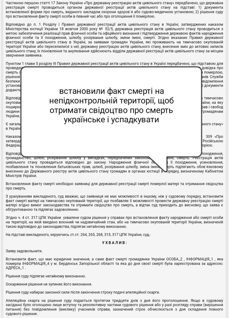 Судове рішення — встановлення факту смерті на окупованій території